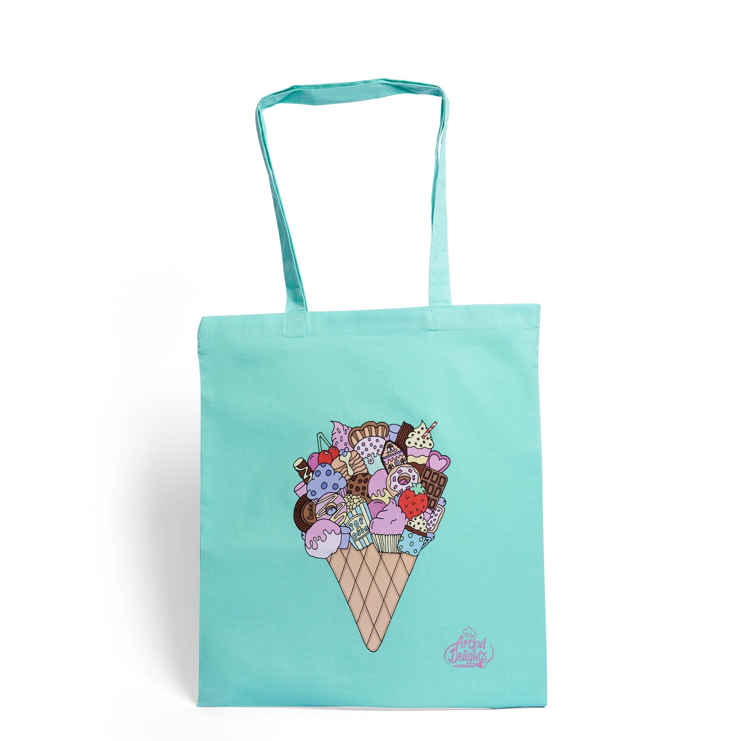 Mint green cotton tote bag featuring an ice cream cone illustration filled with cakes cupcakes doughnuts and sweet treats
