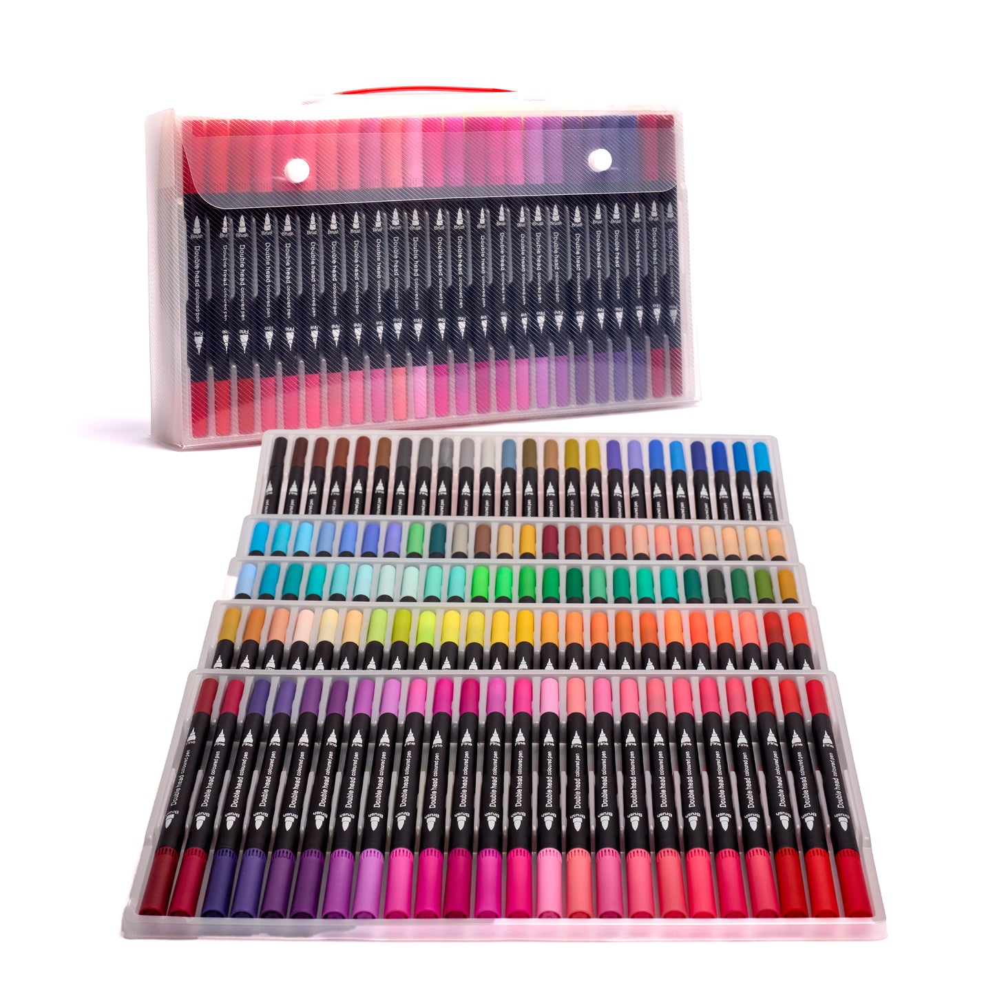 120 dual tip brush pens displayed in a clear storage case showing full colour range with brush and fine liner tips for colouring books drawing journaling and creative projects