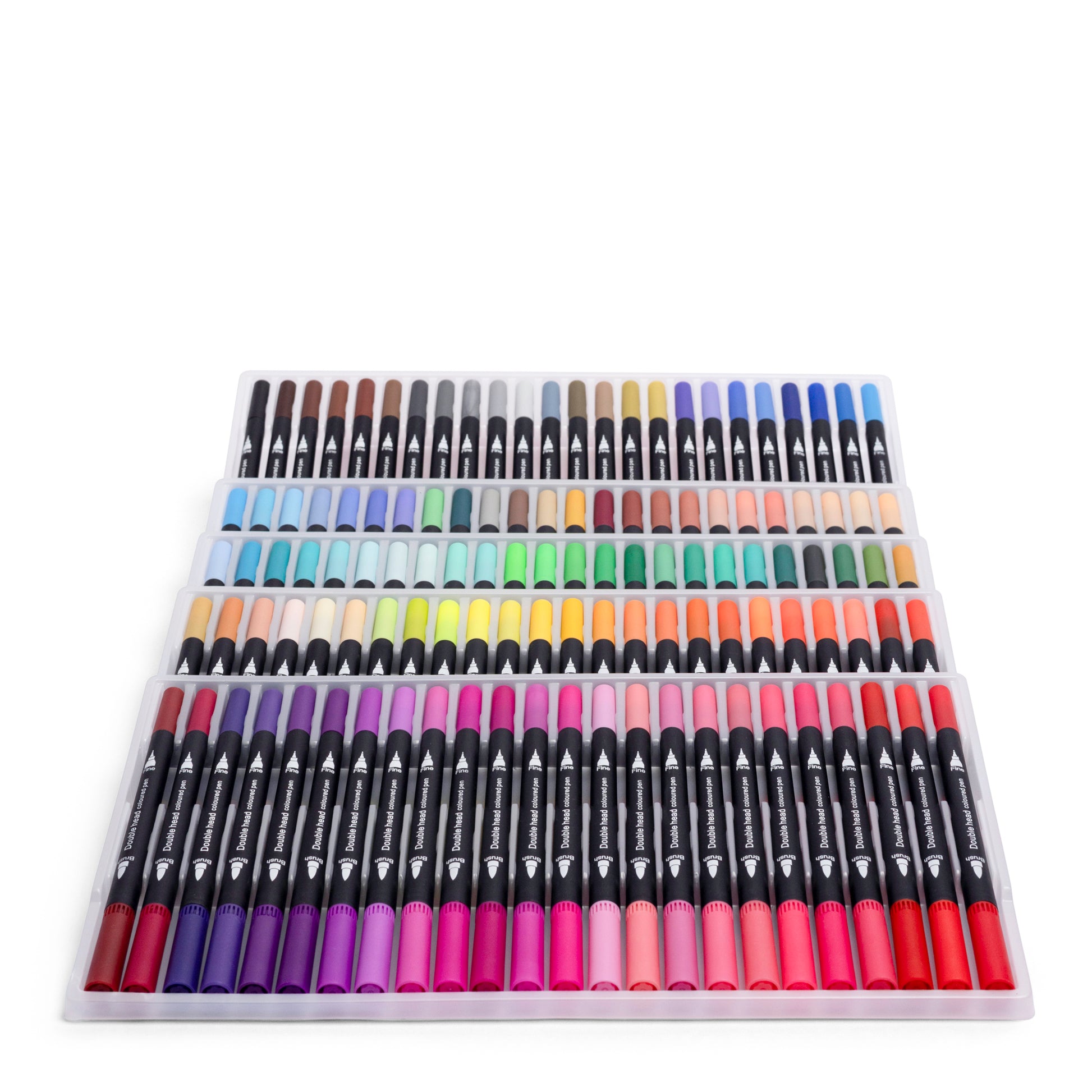 Open 120 dual tip brush pens set displaying a wide range of vibrant colours for colouring books illustration lettering journaling drawing and creative art projects
