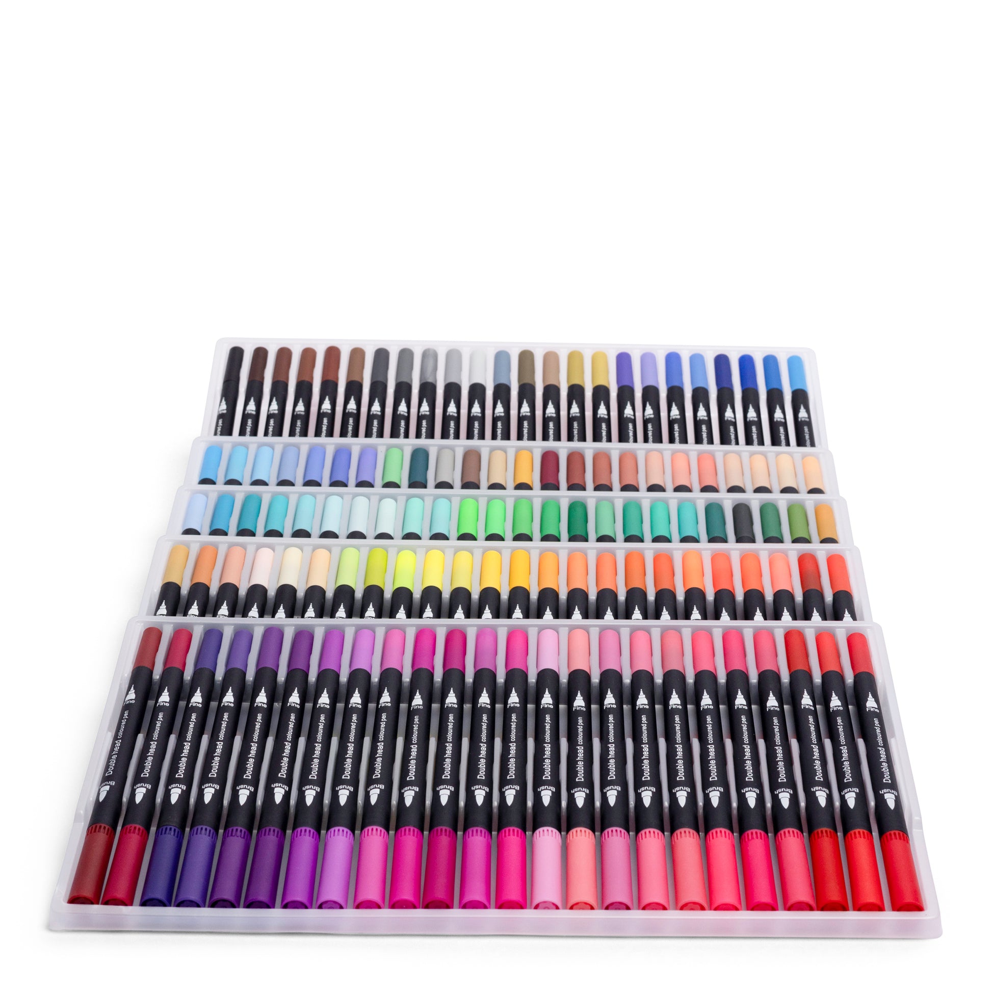 Open set of 120 dual-tip brush pens in a wide range of colours for colouring drawing lettering and creative projects