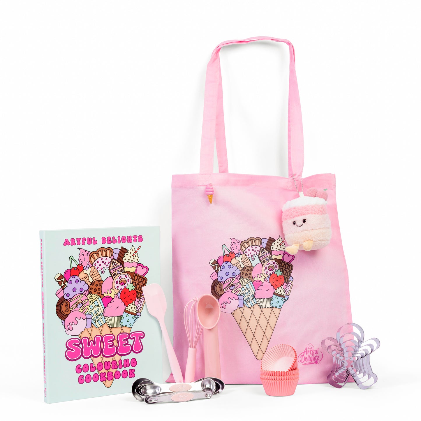 All Things Pink Bundle featuring the Sweet Colouring Cookbook pink tote bag pink cake plush keychain pink baking utensils measuring spoons cupcake cases and cookie cutters