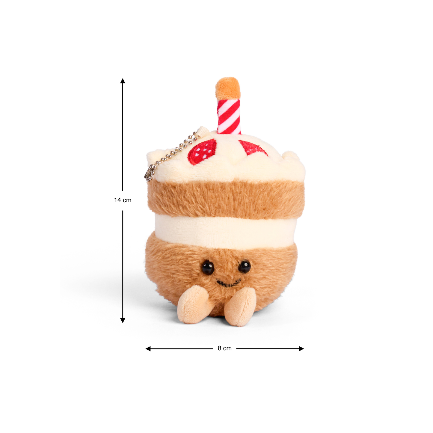 Chocolate cake plush keychain featuring a smiling cake with a cream filling whipped topping and a striped 