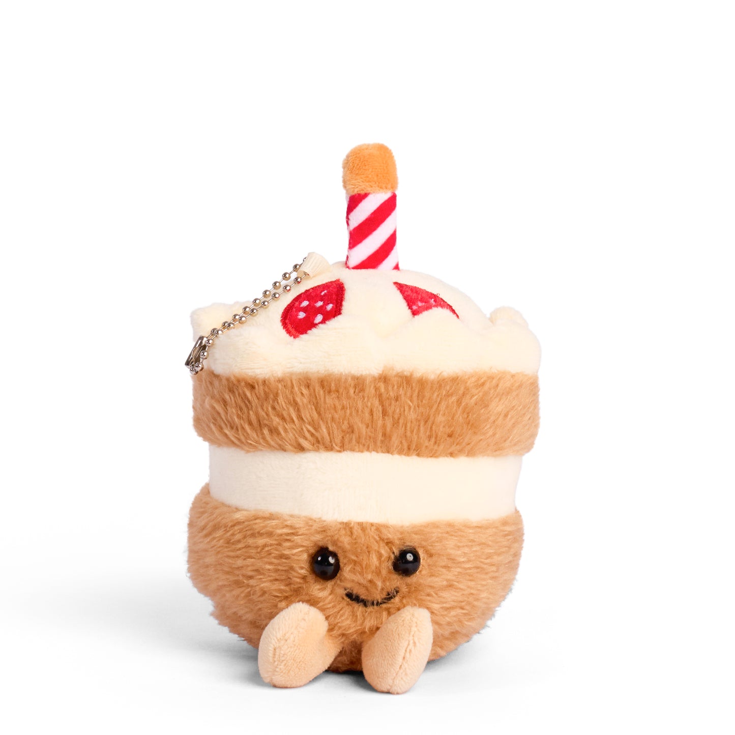 Chocolate cake plush keychain featuring a smiling cake with a cream filling whipped topping and a striped straw detail