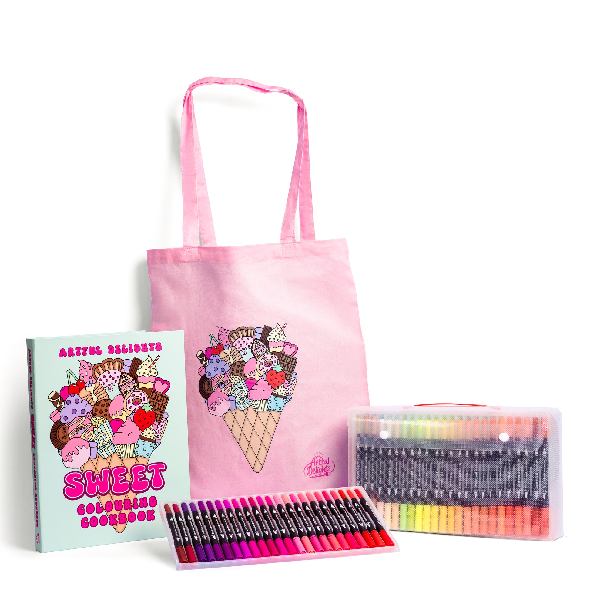 Colour and Create Bundle featuring the Sweet Colouring Cookbook pink tote bag and 120 dual-tip brush pens fro colouring creativity and dessert inspired fun
