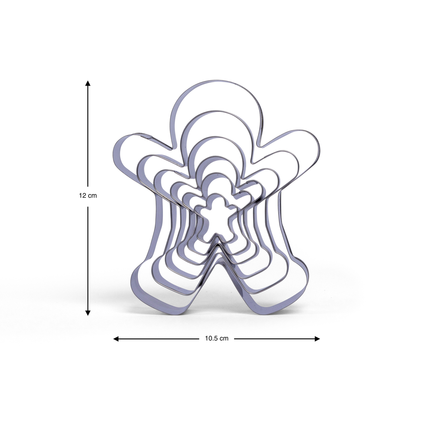 Nestled metal gingerbread person cookie cutter set in multiple sizes displayed on a white background