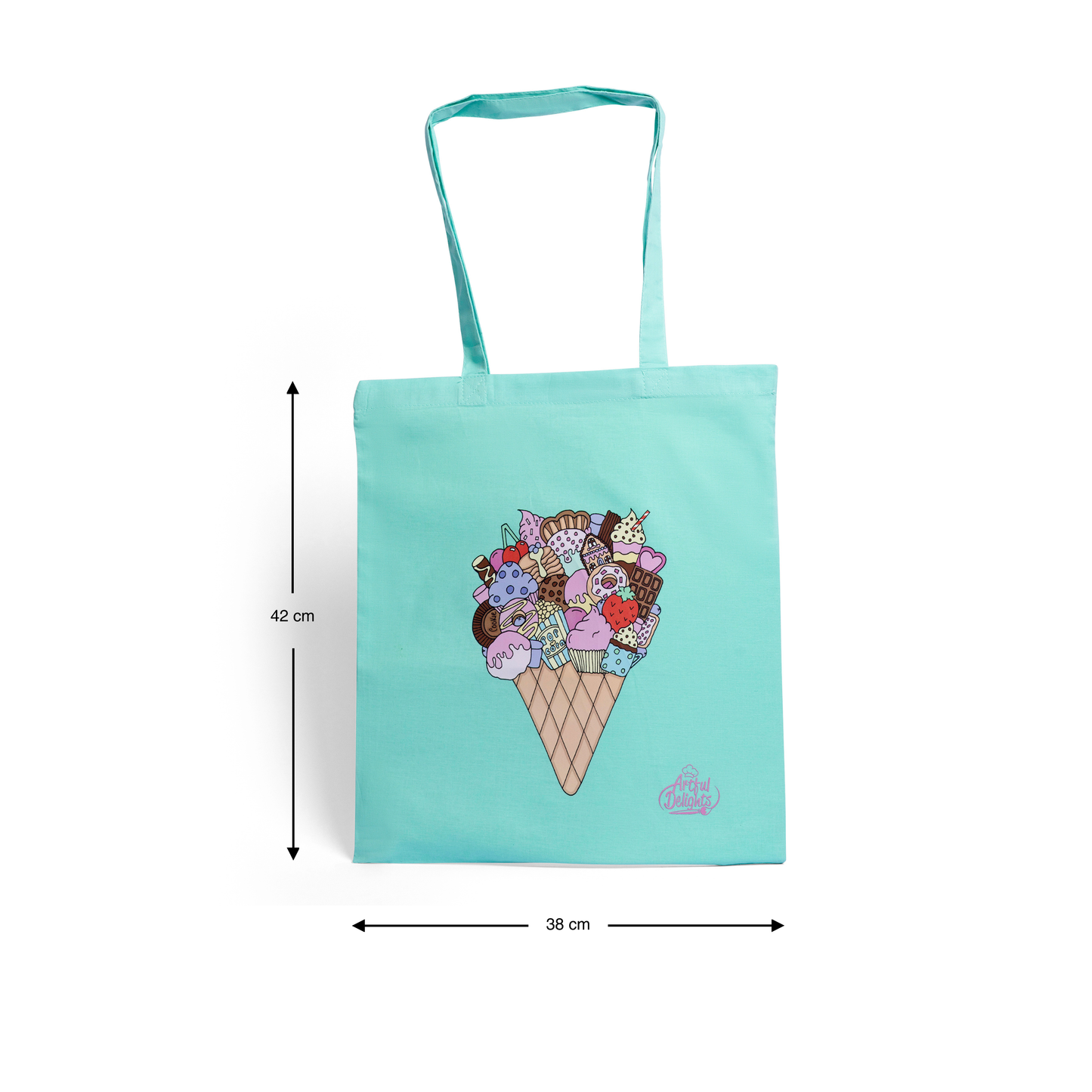 Mint green tote bag with an illustrated ice cream cone filled with dessert and sweet treats 