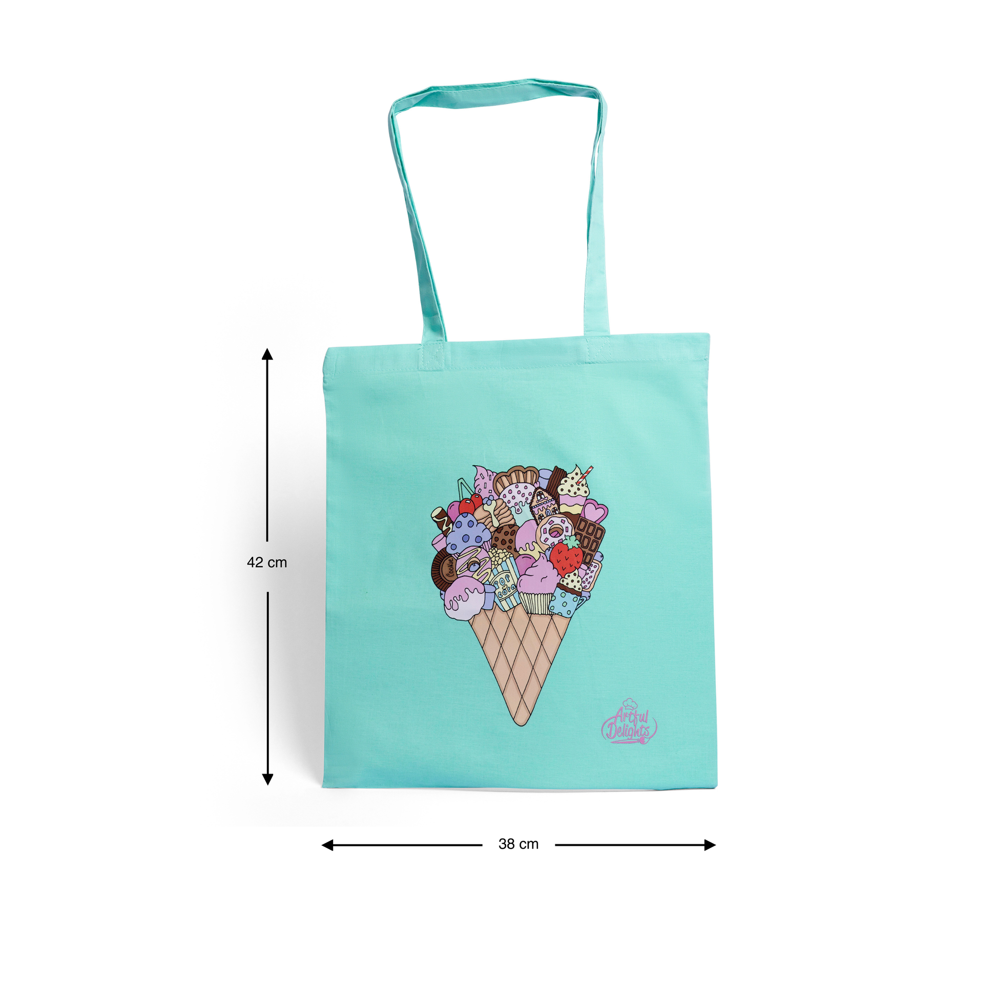 Mint green tote bag with an illustrated ice cream cone filled with dessert and sweet treats 