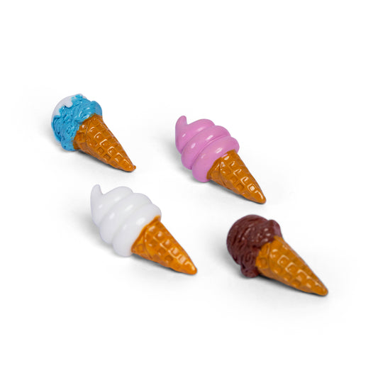 Set of four ice cream pins brooches in pink blue white and chocolate colours designed as a cute collectable accessory for bags,jackets and lanyards
