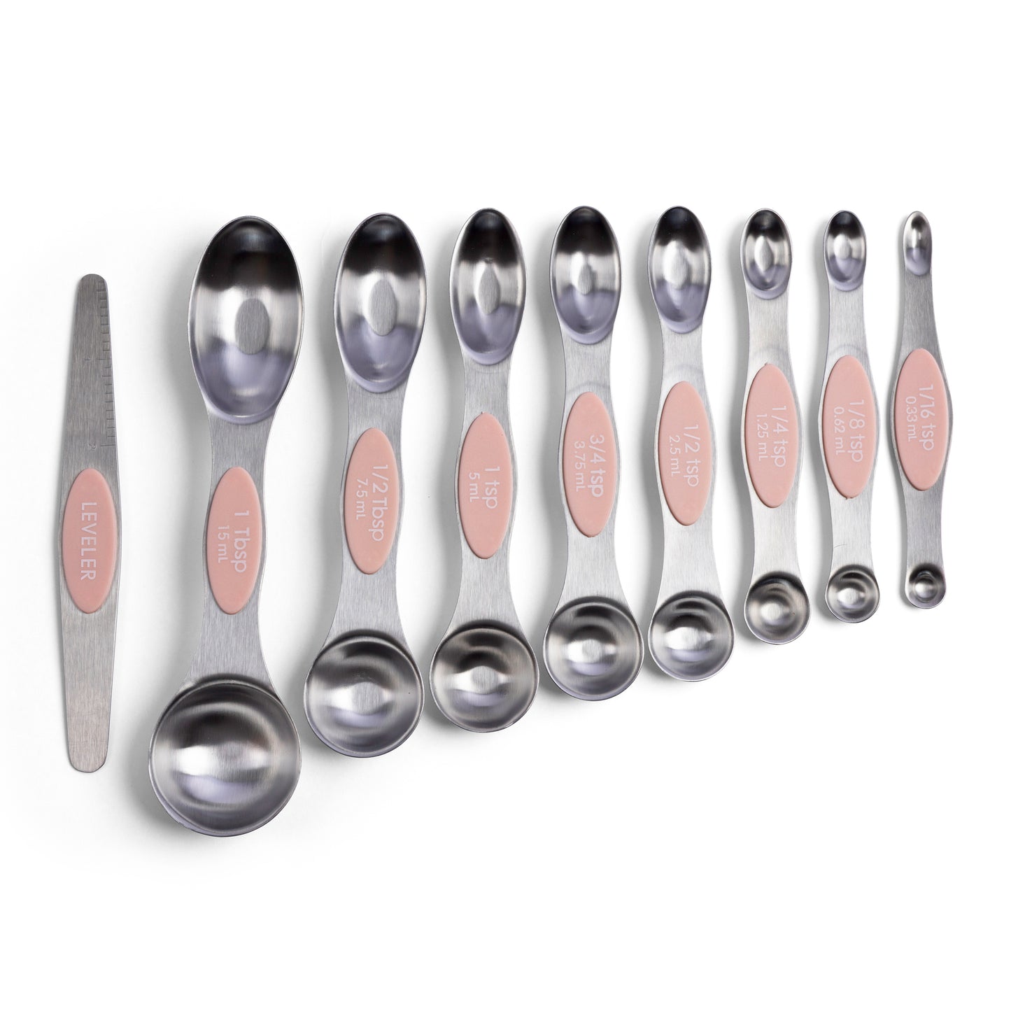 Magnetic measuring spoon set with stainless steel measuring spoons for baking cooking dessert recipes and accurate ingredient measuring featuring 1/6 tsp 1/8 tsp 1/4 tsp 1/2 tsp 3/4 tsp 1 tsp 1/2 tbsp 1 tbsp and a leveler