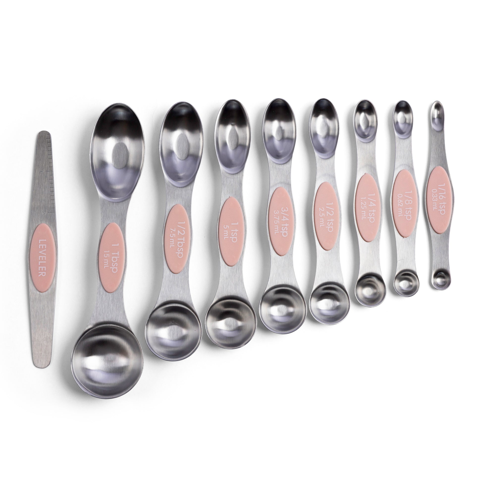 Magnetic measuring spoon set with stainless steel measuring spoons for baking cooking dessert recipes and accurate ingredient measuring featuring 1/6 tsp 1/8 tsp 1/4 tsp 1/2 tsp 3/4 tsp 1 tsp 1/2 tbsp 1 tbsp and a leveler