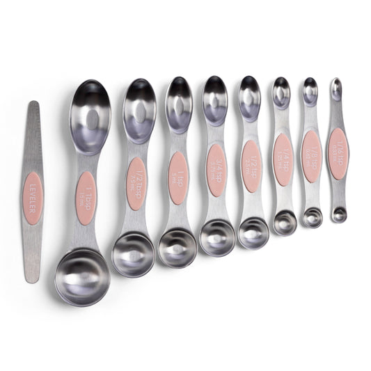 Magnetic measuring spoon set with stainless steel measuring spoons for baking cooking dessert recipes and accurate ingredient measuring featuring 1/6 tsp 1/8 tsp 1/4 tsp 1/2 tsp 3/4 tsp 1 tsp 1/2 tbsp 1 tbsp and a leveler