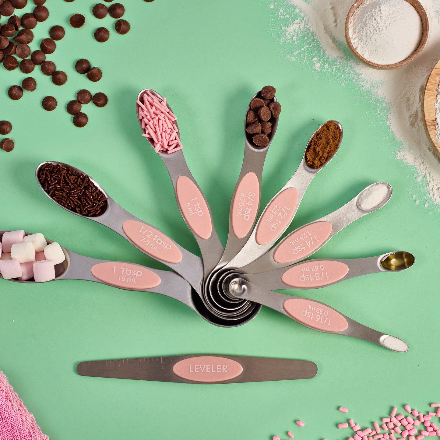 Magnetic measuring spoon set with stainless steel measuring spoons for baking cooking dessert recipes accurate ingredient measuring spoons tablespoon and teaspoon nesting measuring spoons chocolate chips sprinkles and marshmallows pastel baking accessories 