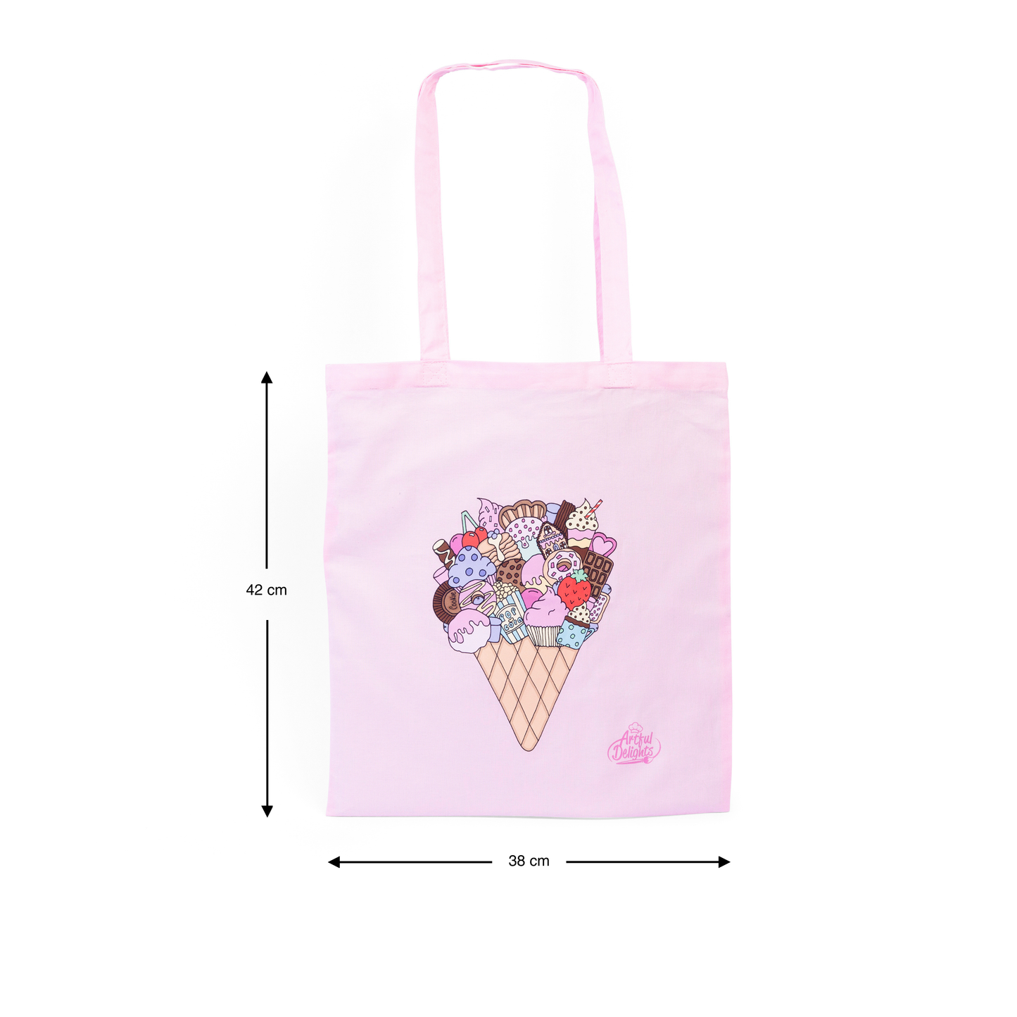 Pink tote bag with an illustrated ice cream cone filled with dessert and sweet treats 