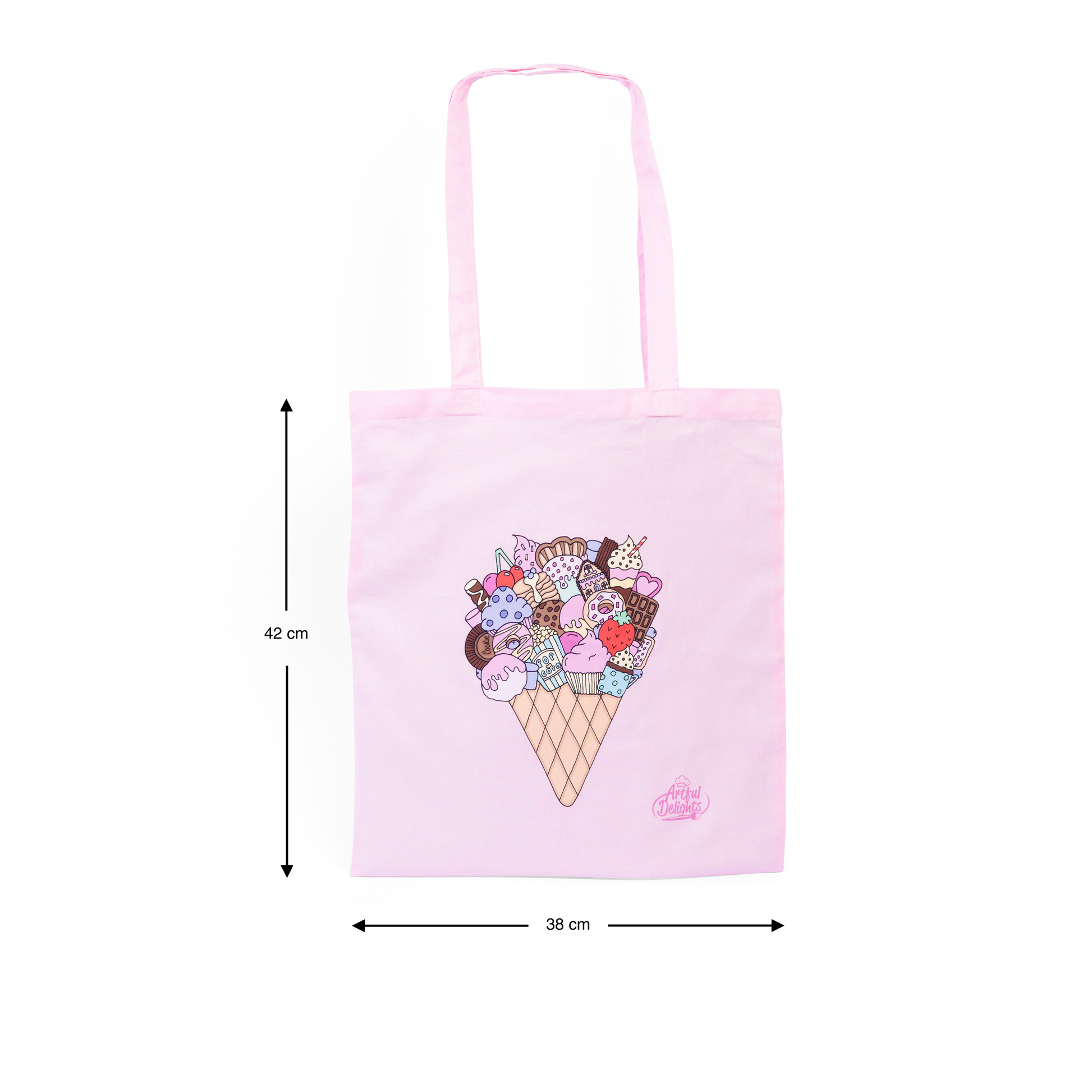 Pink tote bag with an illustrated ice cream cone filled with dessert and sweet treats 