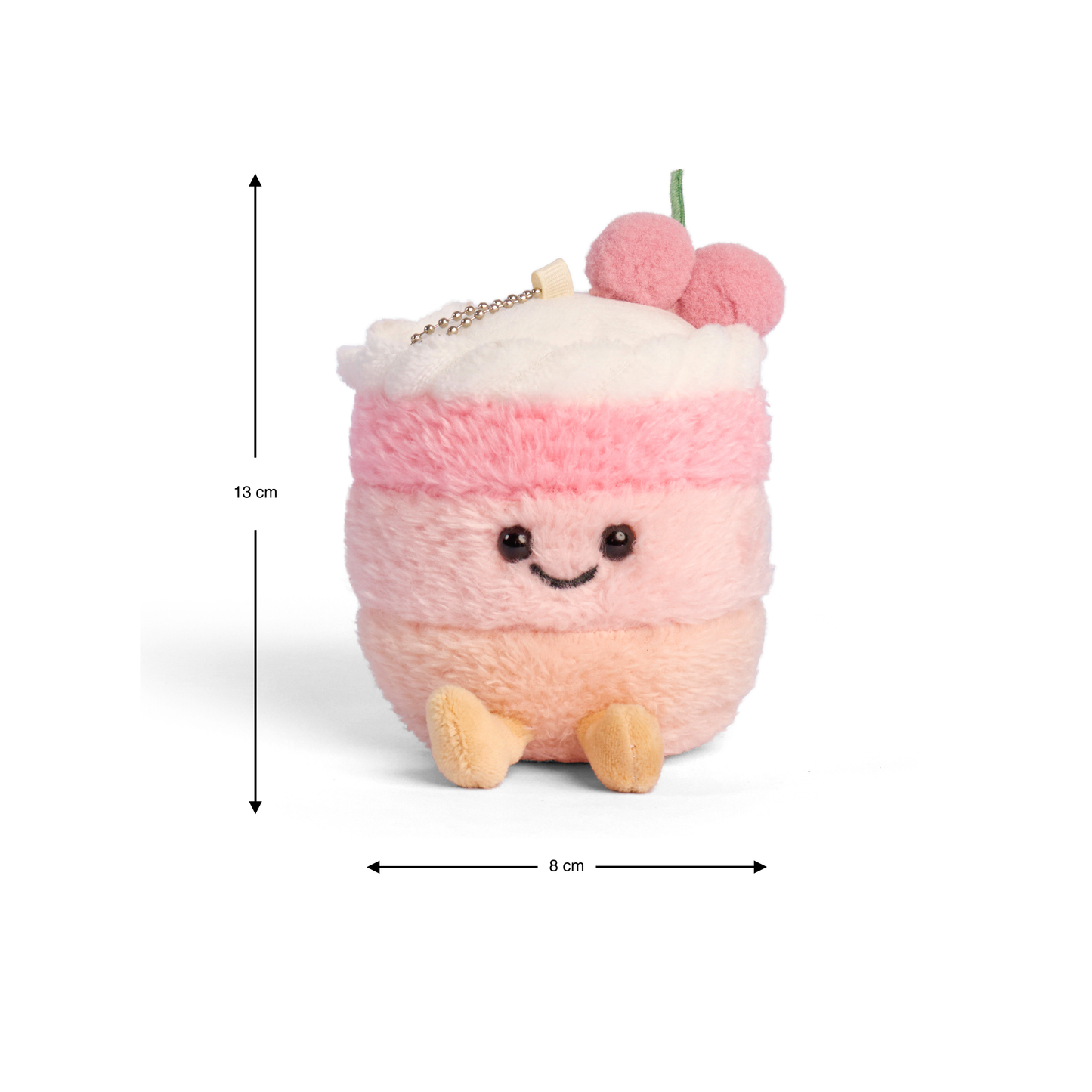 Pink cake plush keychain featuring a smiling cake plushy cream filling and a cherry topping
