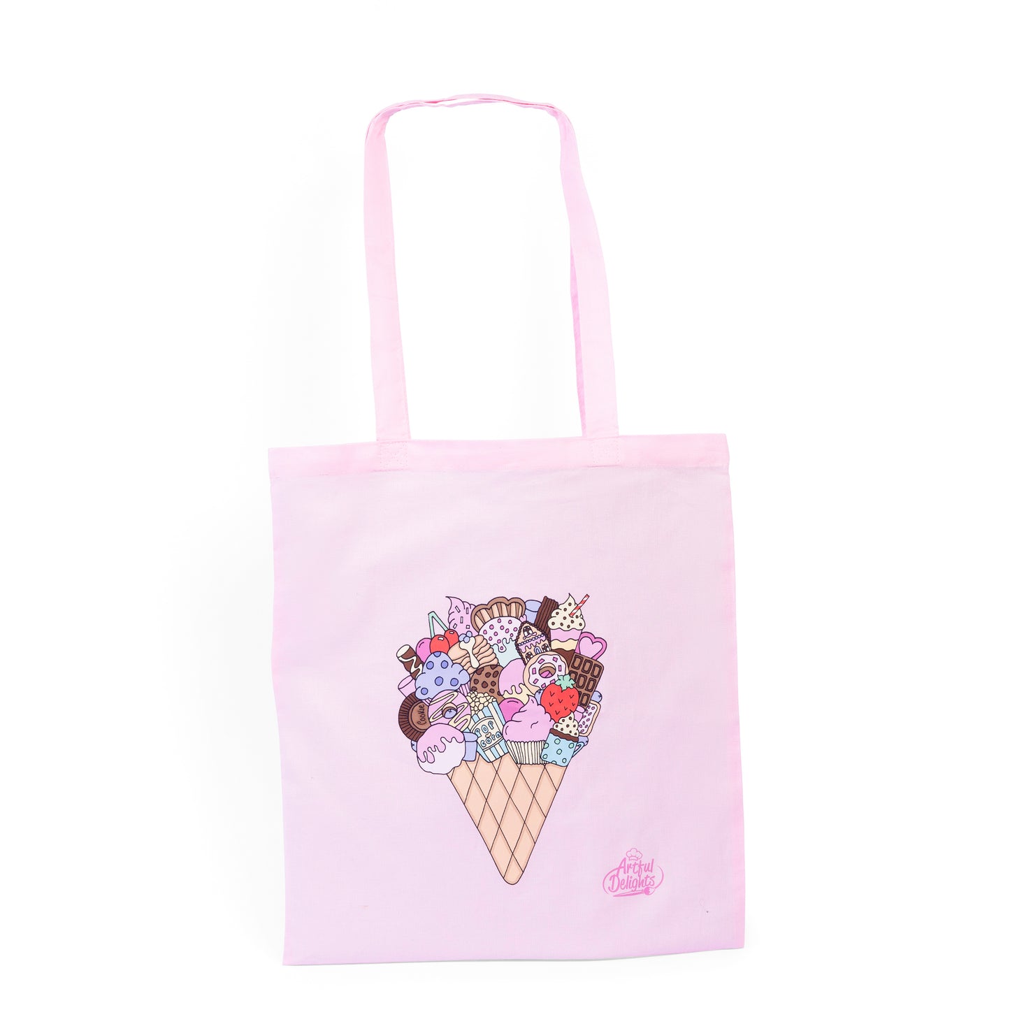 Pink cotton tote bag featuring an ice cream cone filled with dessert illustration with a dessert-themed artwork