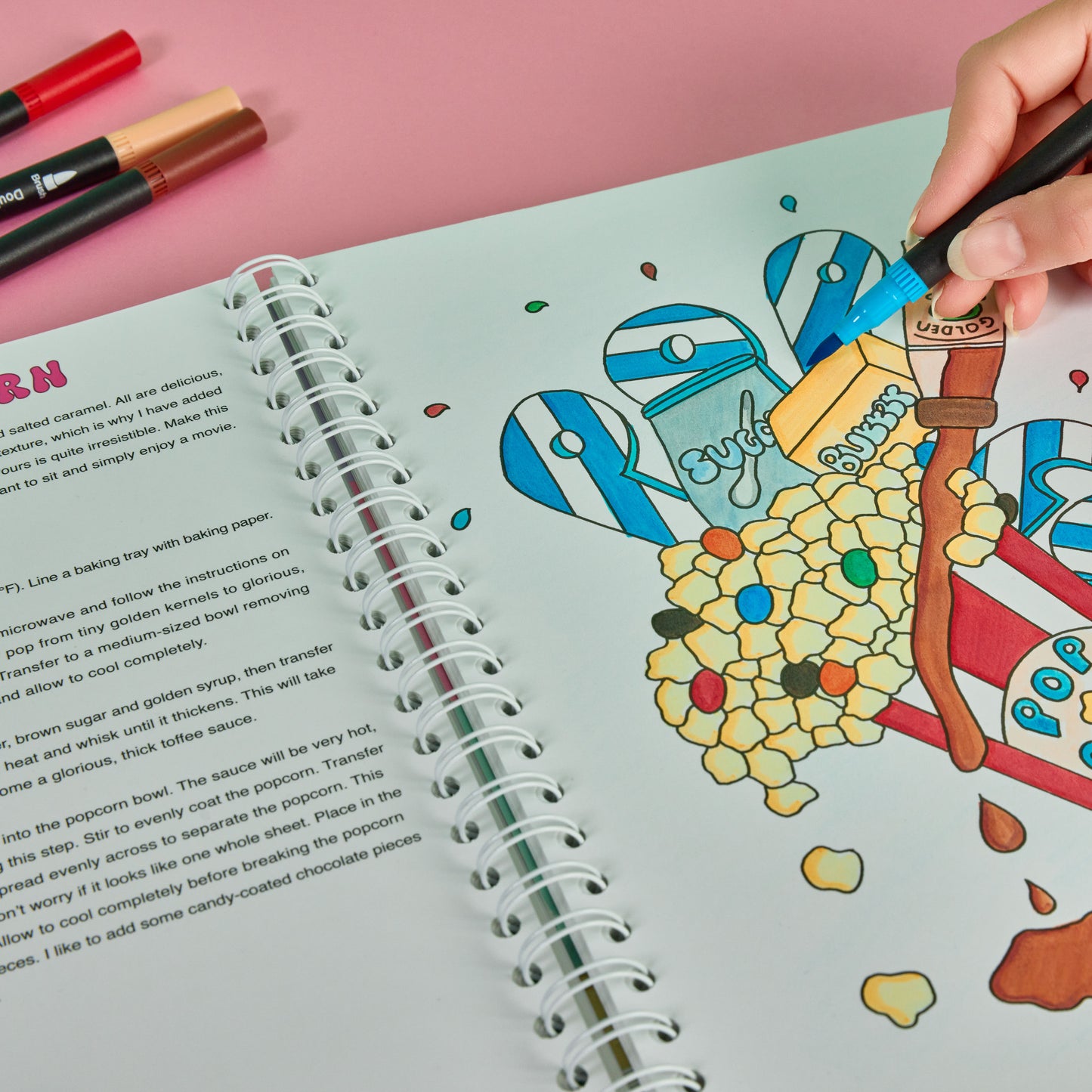 Colouring page from Sweet Colouring Cookbook interactive colouring cookbook with dessert recipe toffee popcorn colouring page colouring baking activity book hand drawn dessert illustration step by step recipe and colouring page colouring cookbook for kids teen and university students