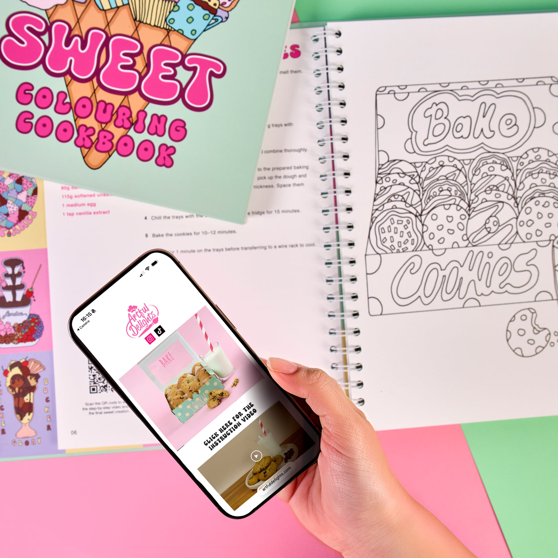 Sweet Colouring Cookbook With QR code video tutorials interactive colouring cookbook recipe and colouring page with instructional baking videos scan and watch baking tutorials dessert recipe colouring book step by step baking guide colouring cookbook for kids teens and university students 