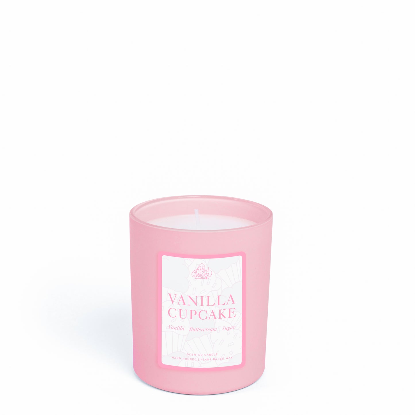 Vanilla cupcake scented candle in a pink vessel made with plant based wax for a sweet and cosy home fragrance self care and gifting