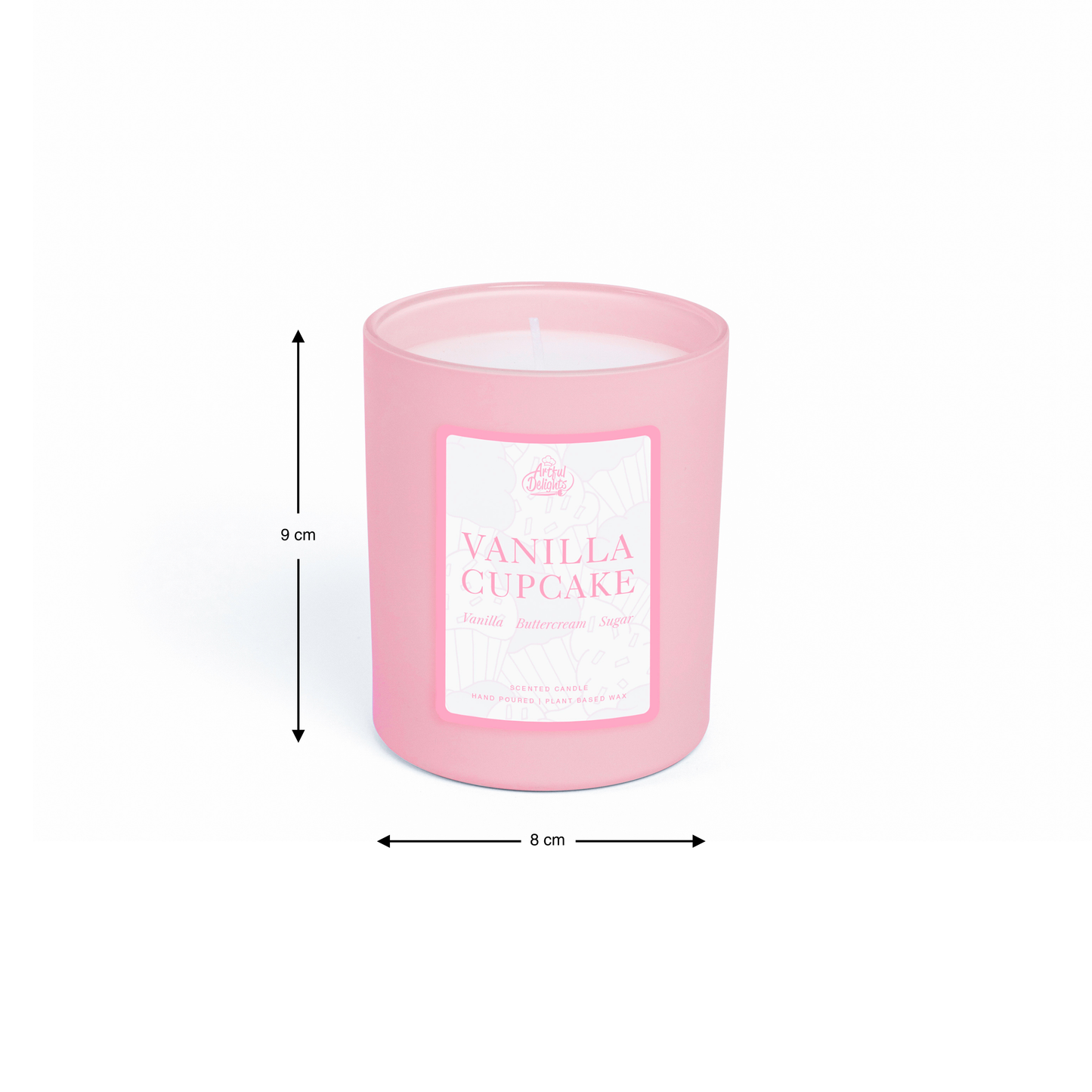 Vanilla cupcake scented candle in a pink vessel made with plant based wax for a sweet and cosy home fragrance self care and gifting