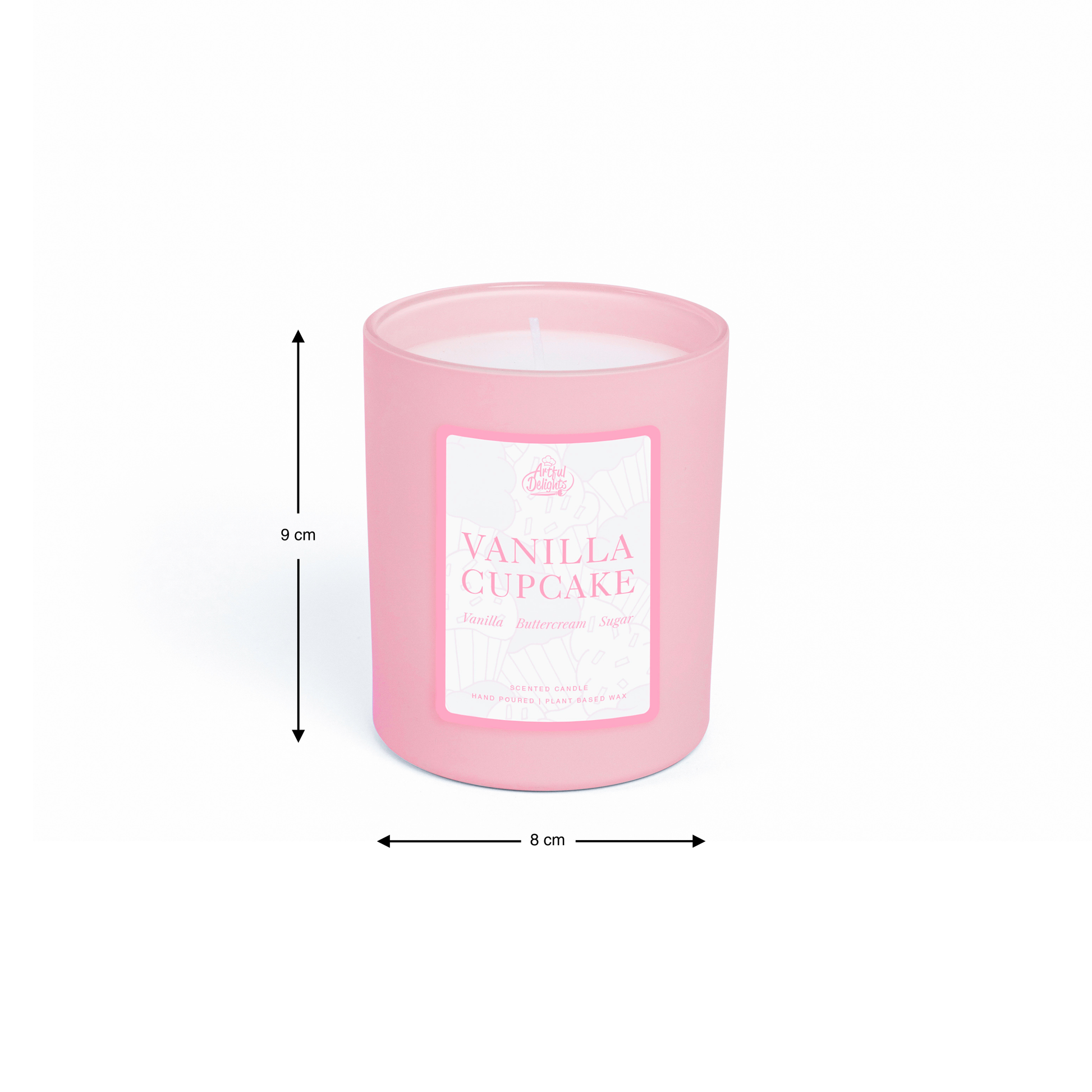 Vanilla cupcake scented candle in a pink vessel made with plant based wax for a sweet and cosy home fragrance self care and gifting