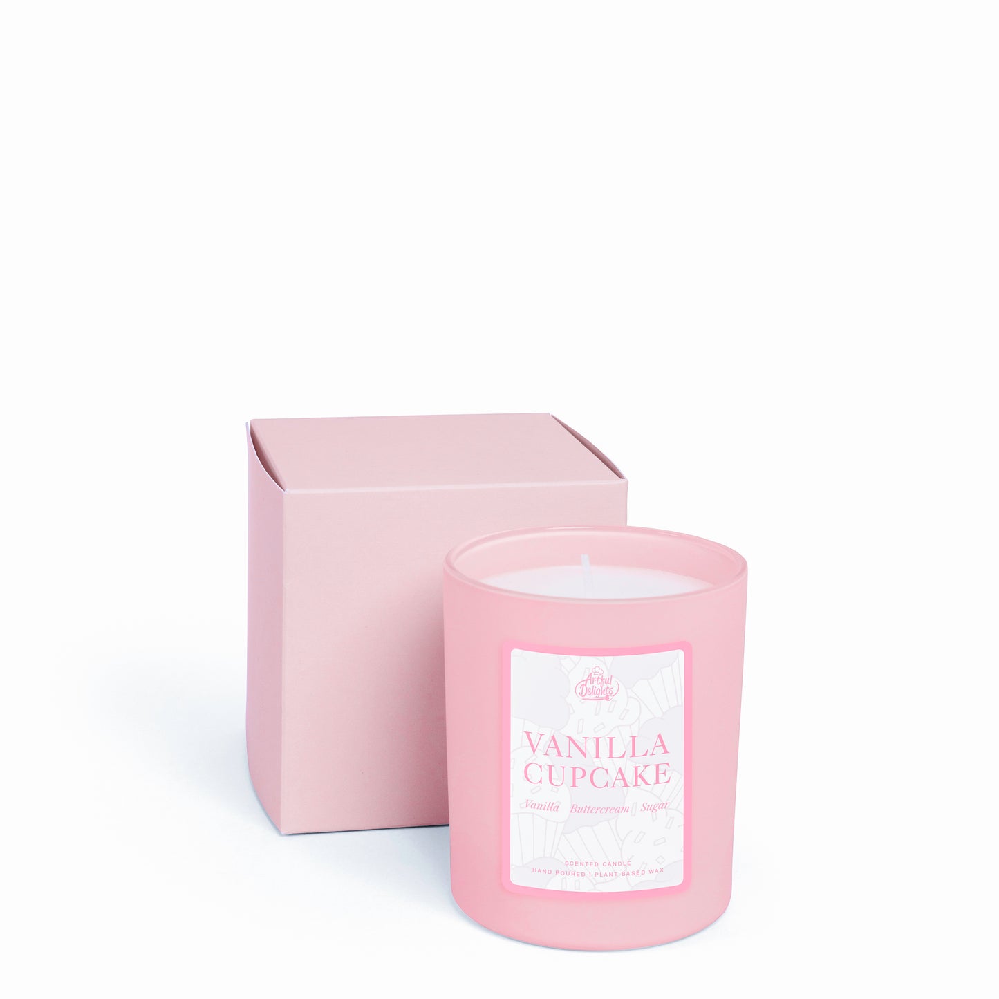 Pink vanilla cupcake scented candle with matching gift box for home fragrance and cosy self care moments