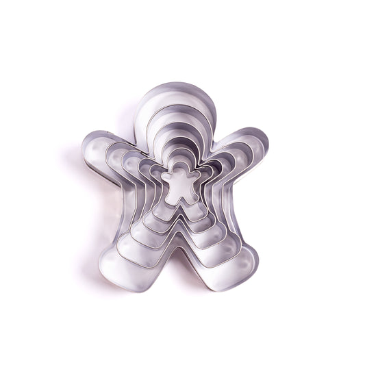 Nestled metal gingerbread person cookie cutter set in multiple sizes displayed on a white background
