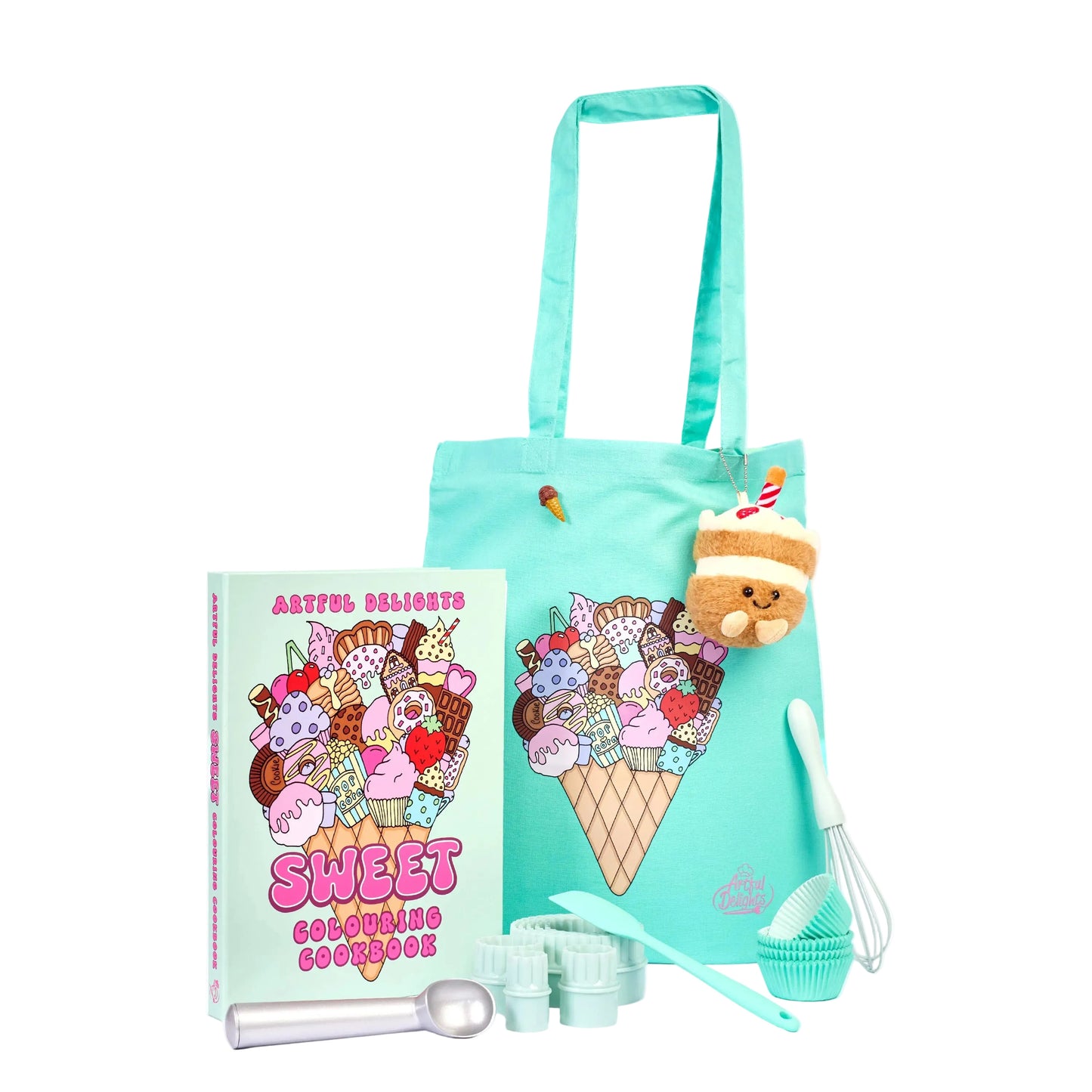 Teal tote bag with ice cream cone design, Sweet Colouring Cookbook, silver ice cream scoop, mint cookie cutters, mint silicone spatula,mint cupcake cases,mint silicone whisk, chocolate cake plushy, chocolate ice cream pin bundle on a white background