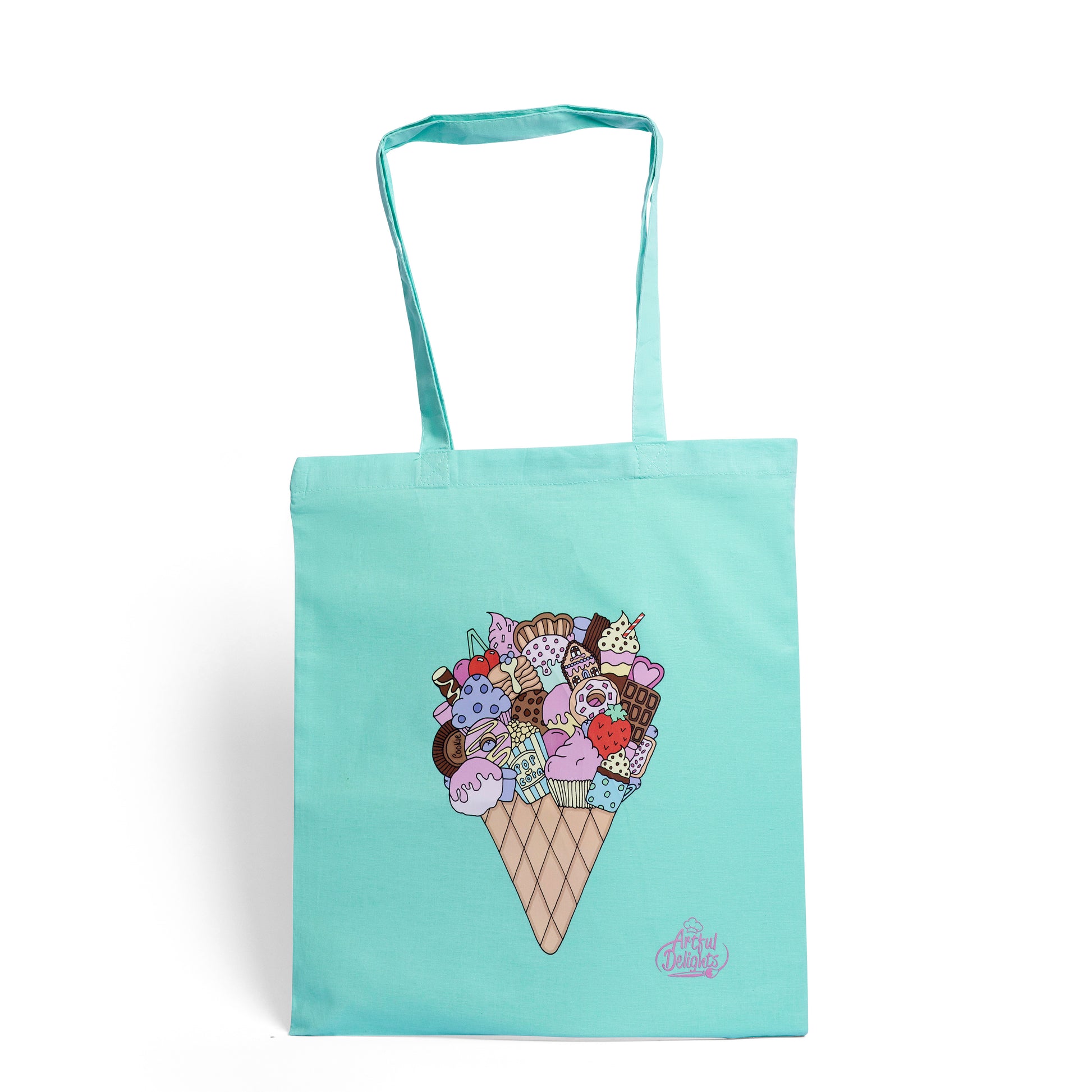 Mint green tote bag with an illustrated ice cream cone filled with dessert and sweet treats 