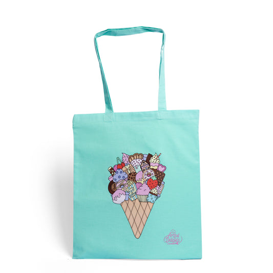Mint green tote bag with an illustrated ice cream cone filled with dessert and sweet treats 