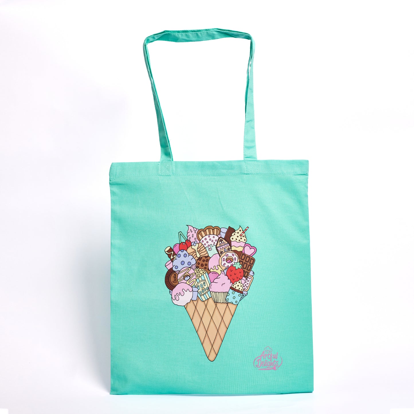 Mint green tote bag with an illustrated ice cream cone filled with dessert and sweet treats 