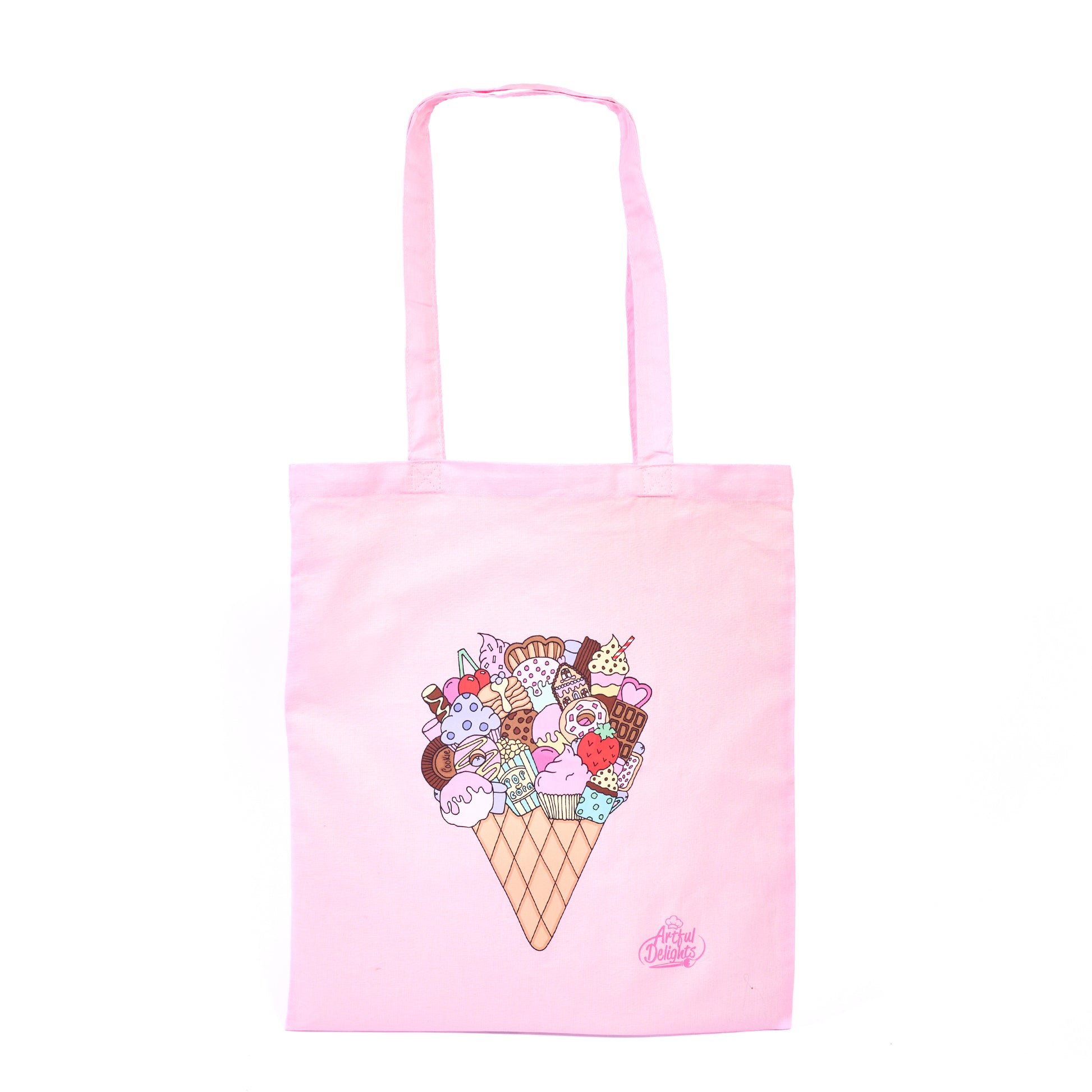 Mint green tote bag with an illustrated ice cream cone filled with dessert and sweet treats 