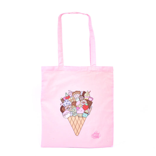 Mint green tote bag with an illustrated ice cream cone filled with dessert and sweet treats 