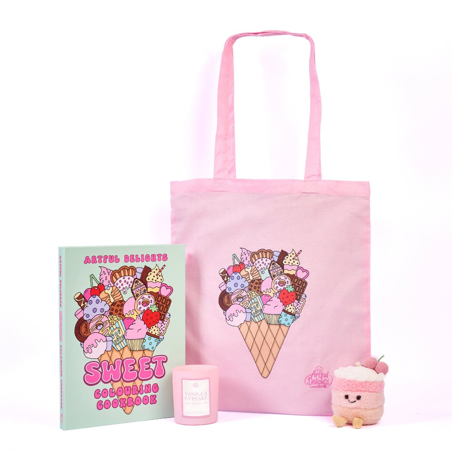 Pink tote bag with ice cream cone design, Sweet Colouring Cookbook Vanilla Cupcake candle pink plush toy 